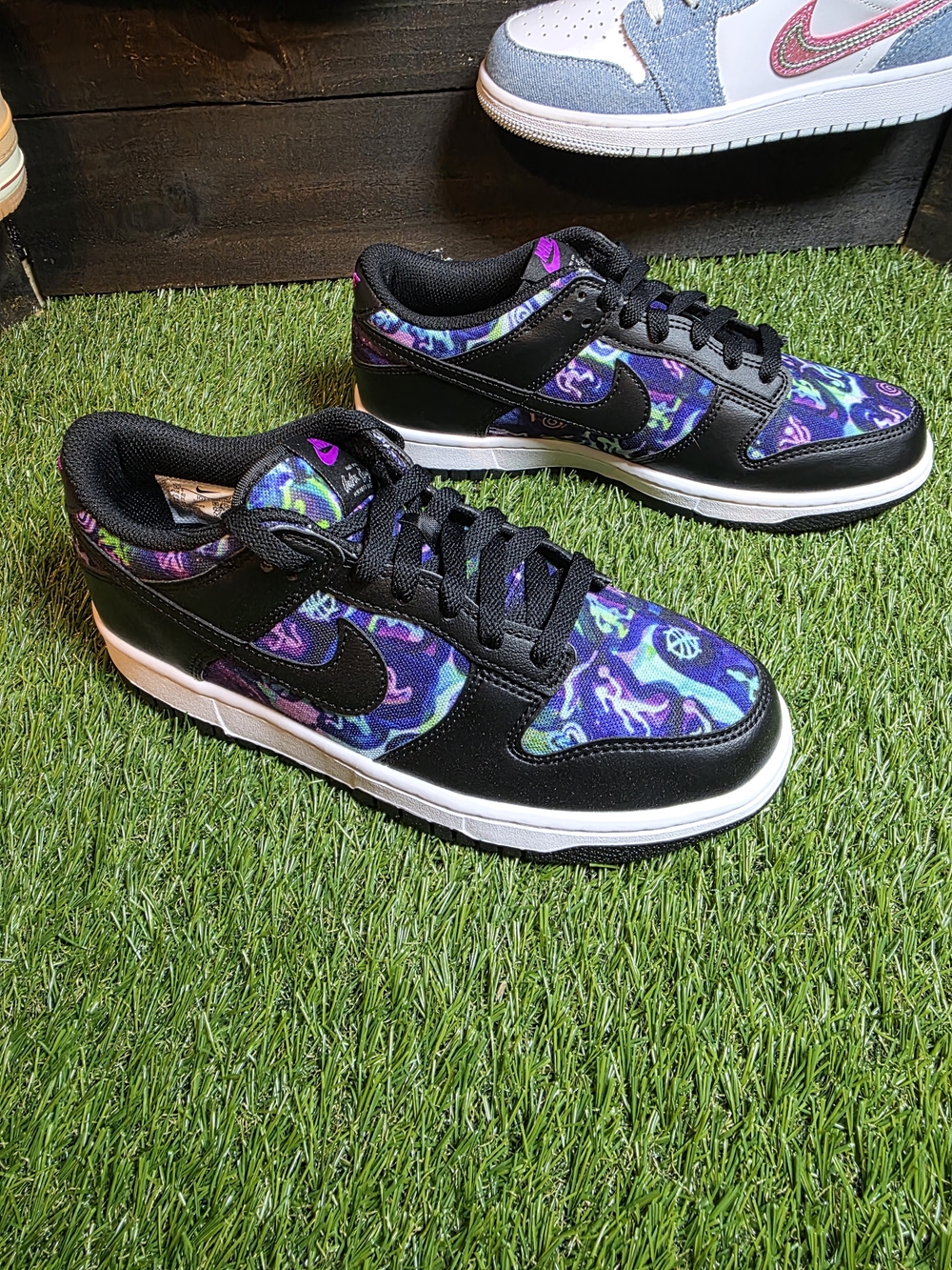 7y Nike Dunk Low AOS Sneakers in Black with Purple & Blue Pattern